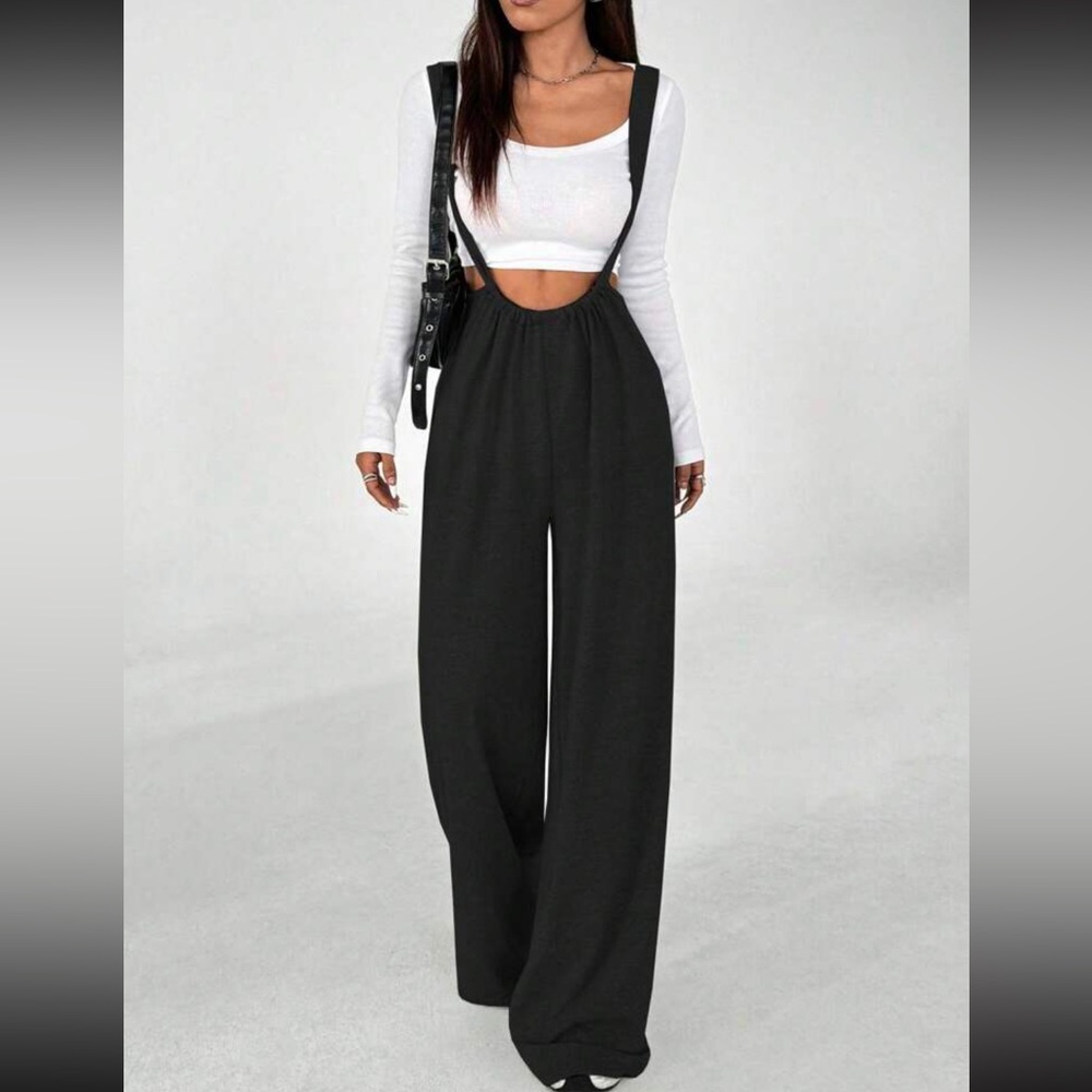 Jumpsuit overall Black Women's tie adjustable strap wide leg - Picture 1 of 4